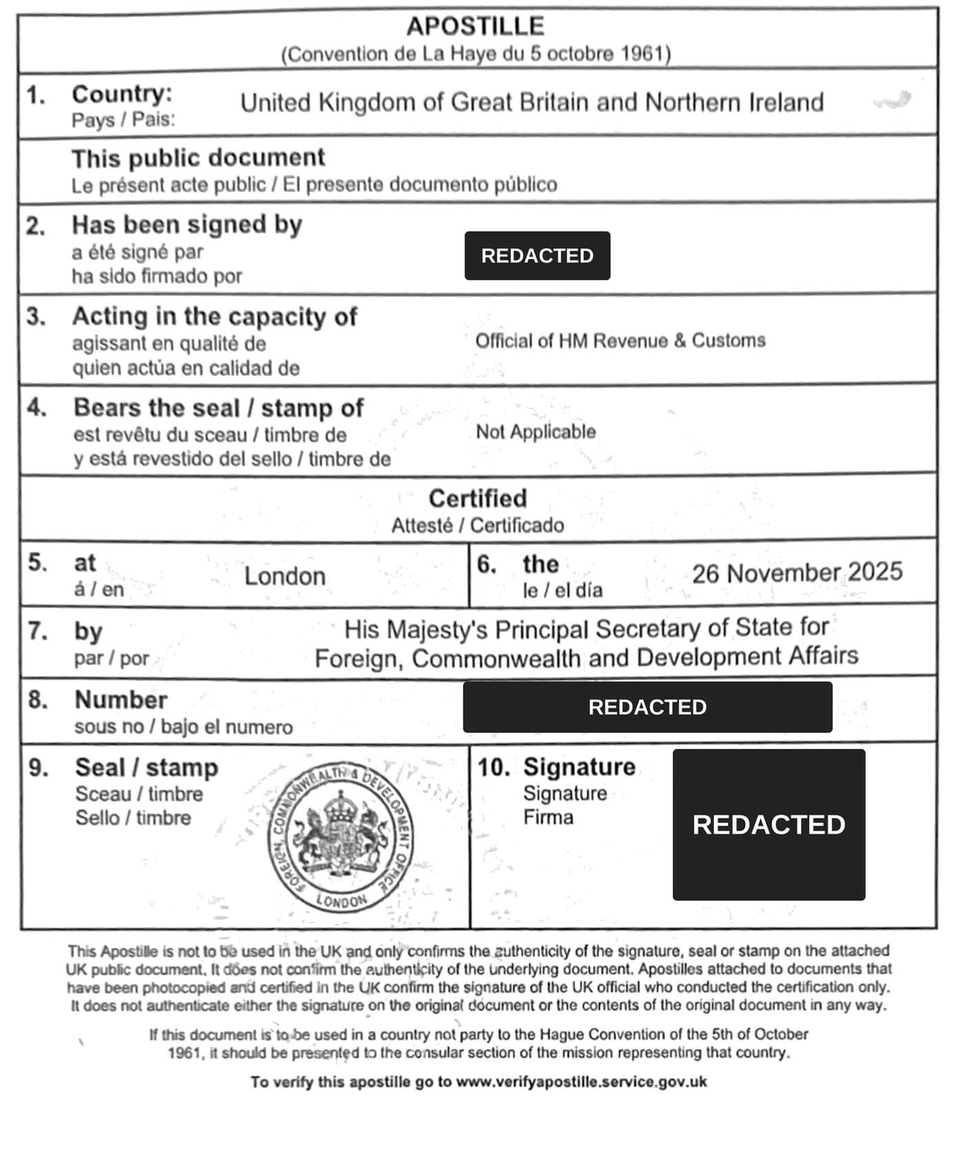 A real UK FCDO apostille certificate: a Hague Convention form with the Crown seal, signature and reference number; personal details redacted.